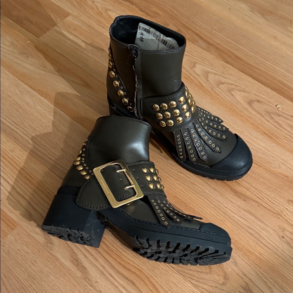 Burberry Black and Gold Studded Combat Boots